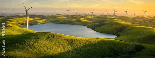 Serene Sustainable Future:Windswept Hillside Overlooks Tranquil Lake and Wind Turbines in a Breathtaking Landscape Reflecting the Influence of the Luminist Movement photo