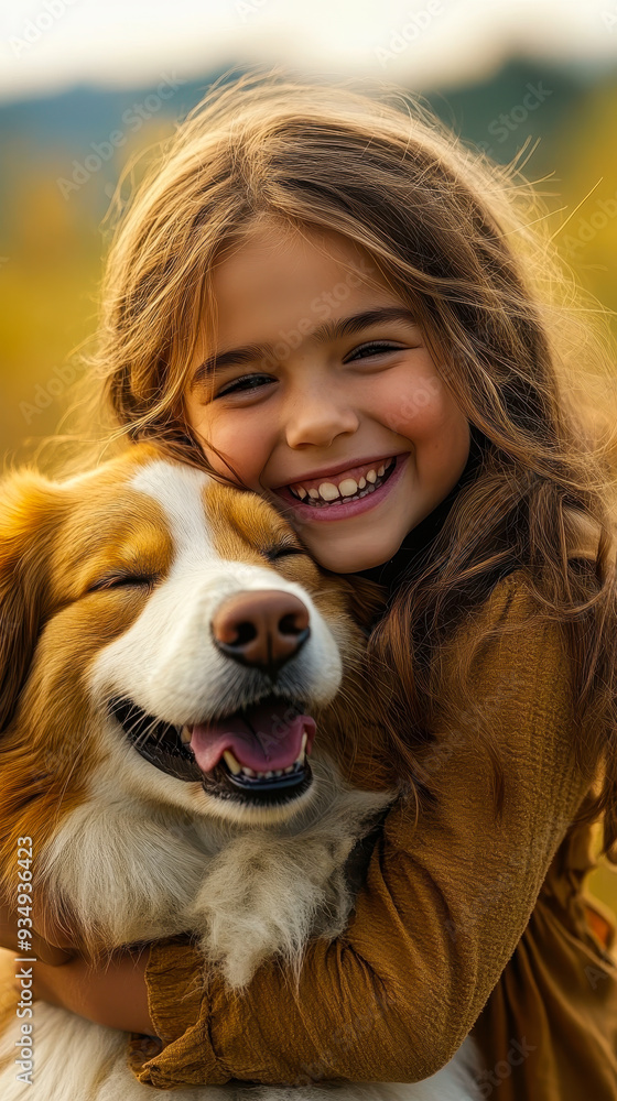 Joyful Young Girl Hugging Her Dog in Sunny Field, Smiling with Happiness, Close-Up, Warm Tones, Emotional Bond Between Child and Pet, Outdoor Autumn Setting Joyful Young Girl Hugging Her Dog in Sunny Field, Smiling with Happiness, Close-Up, Warm Tones, Emotional Bond Between Child and Pet, Outdoor Autumn Setting
