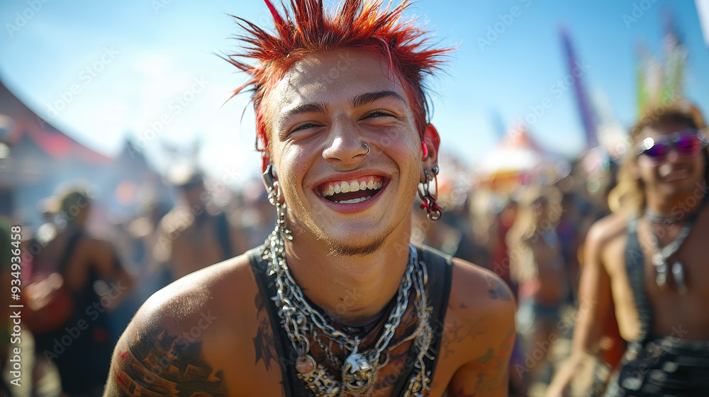 Happy Young Punk with Mohawk Hairstyle Enjoying Open Air Music Festival, Vibrant Celebration, Alternative Fashion, Festival Goer with Tattoos and Piercings, Outdoors, Youth Culture and Freedom Happy Young Punk with Mohawk Hairstyle Enjoying Open Air Music Festival, Vibrant Celebration, Alternative Fashion, Festival Goer with Tattoos and Piercings, Outdoors, Youth Culture and Freedom