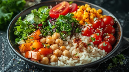 Healthy lunch bowl filled with rice, chickpeas, fresh vegetables, and colorful toppings photo