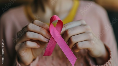 Close-up of woman's hand holding pink ribbon in front of her face. Concept of breast cancer prevention and treatment for women.