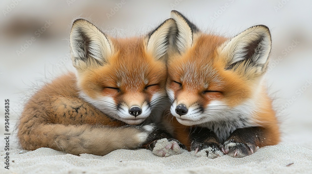 Two Red Fox Kits Snuggling Close Together with Eyes Closed Two Red Fox Kits Snuggling Close Together with Eyes Closed