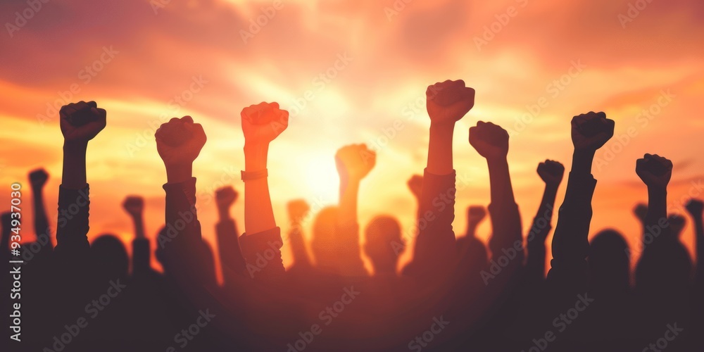 Silhouettes of raised fists in protest against a dramatic sunset sky. Silhouettes of raised fists in protest against a dramatic sunset sky.