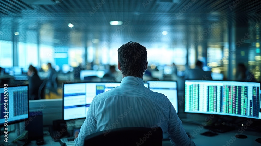 A bustling trading office filled with screens displaying financial data, traders actively monitoring market movements. A bustling trading office filled with screens displaying financial data, traders actively monitoring market movements.