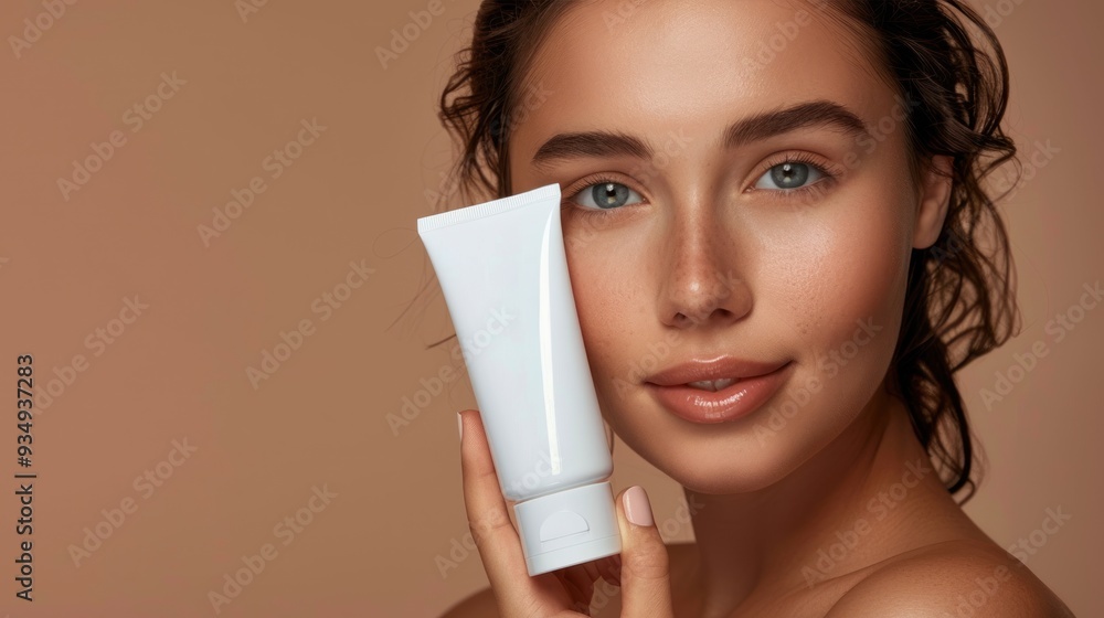 Close-up of beautiful natural young woman face with perfect personality, holding an empty white cosmetic tube. Close-up of beautiful natural young woman face with perfect personality, holding an empty white cosmetic tube.