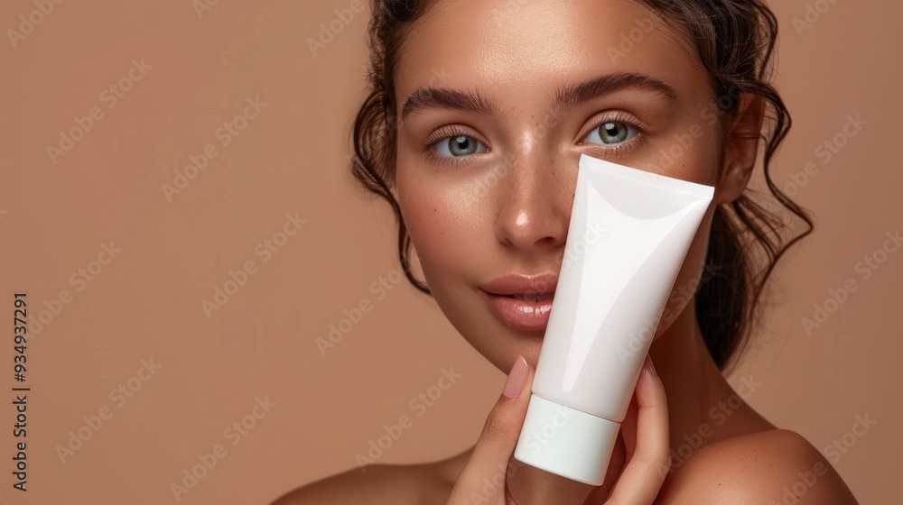 Close-up of beautiful natural young woman face with perfect personality, holding an empty white cosmetic tube. Close-up of beautiful natural young woman face with perfect personality, holding an empty white cosmetic tube.