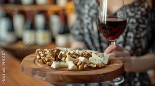  A girl holds a glass of red wine and a wooden plate with a cheese mix featuring walnuts and honey, showcasing a delicious tasting dish perfect for pairing with wine.