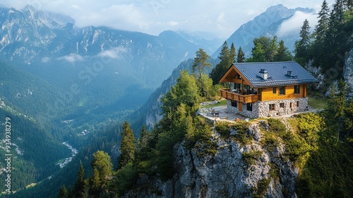 Wallpaper Mural Isolated alpine cabin perched on a steep mountainside, surrounded by towering cliffs and thick forest, with a backdrop of expansive mountain ranges Torontodigital.ca