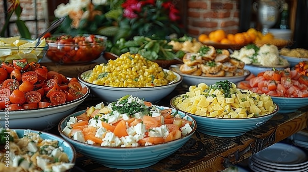 Colorful buffet of fresh salads and vegetables displayed on a wooden table at a casual gathering in a cozy setting Colorful buffet of fresh salads and vegetables displayed on a wooden table at a casual gathering in a cozy setting