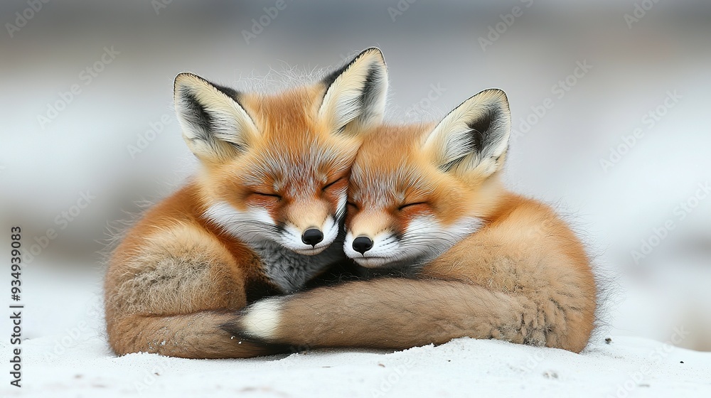 Obraz premium Two Red Fox Kits Snuggling Together in the Snow