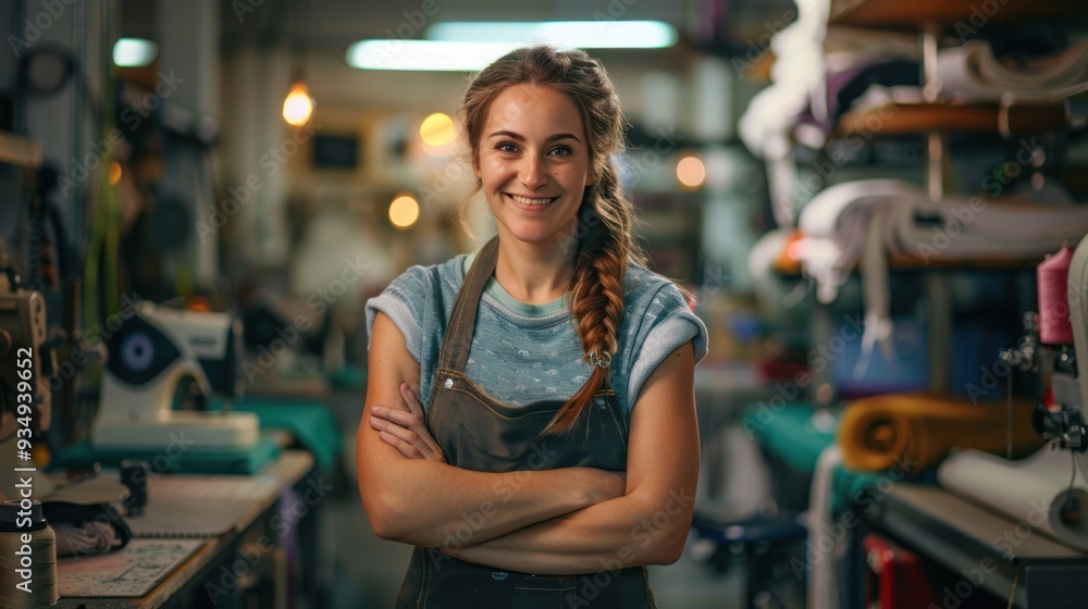 Close-up of a happy smiling female tailor with arms crossed standing in a perfect sewing room. Close-up of a happy smiling female tailor with arms crossed standing in a perfect sewing room.