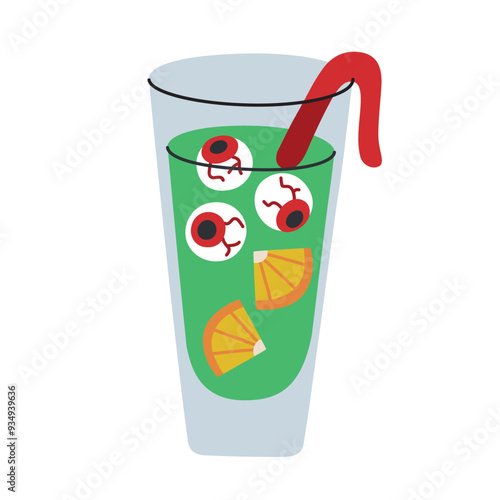 Vector illustration of spooky Halloween punch in a tall glass, green sangria with floating eyeballs and orange slices, garnished with gummy worm. Flat, cartoon image for horror themed party decoration