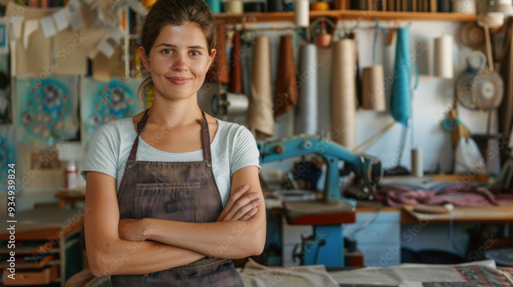 Close-up of a happy smiling female tailor with arms crossed standing in a perfect sewing room. Close-up of a happy smiling female tailor with arms crossed standing in a perfect sewing room.