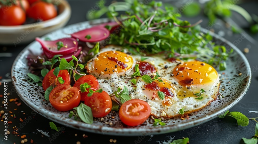 Breakfast plate with fried eggs, cherry tomatoes, and fresh greens on a decorative dish during daylight Breakfast plate with fried eggs, cherry tomatoes, and fresh greens on a decorative dish during daylight