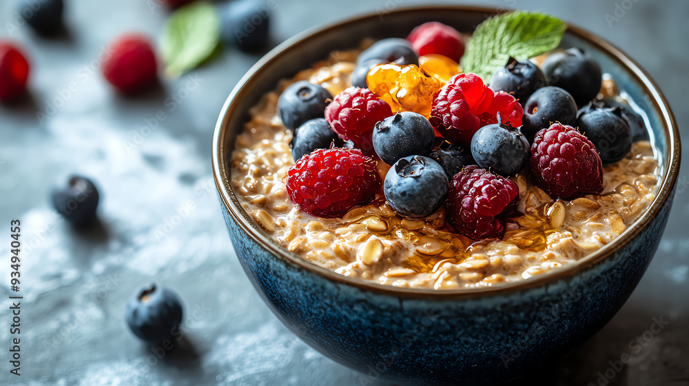 Close-up of a bowl of oatmeal topped with fresh raspberries, blueberries, and blackberries. Close-up of a bowl of oatmeal topped with fresh raspberries, blueberries, and blackberries.