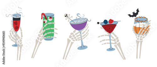 Vector illustration set of skeleton hands holding Halloween cocktails. Spooky collection with creepy drinks for gothic parties. Witch heart with blackberry, pumpkin smoothie, eyeball punch