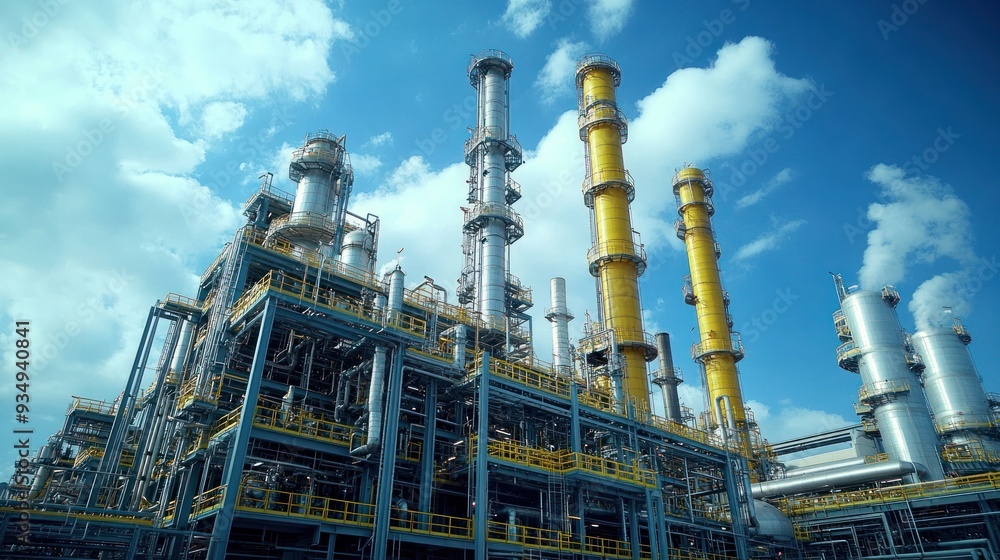 A large industrial plant focused on chemical production, featuring towering pipes and structures A large industrial plant focused on chemical production, featuring towering pipes and structures