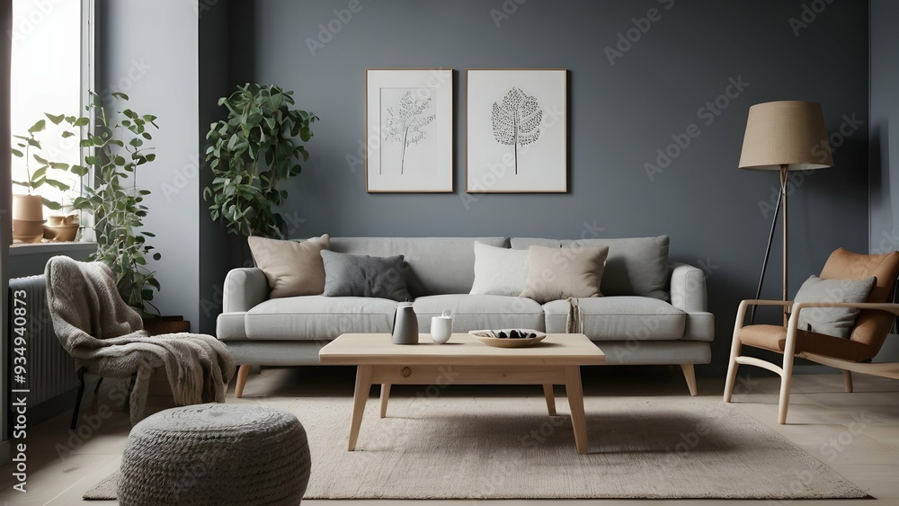 A modern Scandinavian living room with a dark blue sofa and recliner, light wood floors, and white walls for an airy feel. Minimalist decor includes a coffee table, cozy cushions, plants, and natural A modern Scandinavian living room with a dark blue sofa and recliner, light wood floors, and white walls for an airy feel. Minimalist decor includes a coffee table, cozy cushions, plants, and natural
