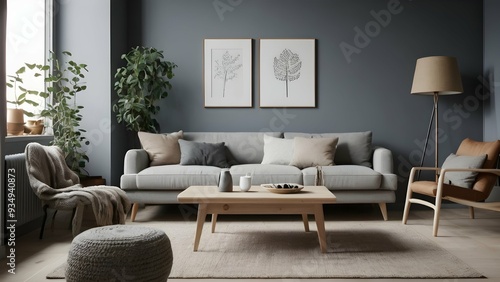 A modern Scandinavian living room with a dark blue sofa and recliner, light wood floors, and white walls for an airy feel. Minimalist decor includes a coffee table, cozy cushions, plants, and natural 