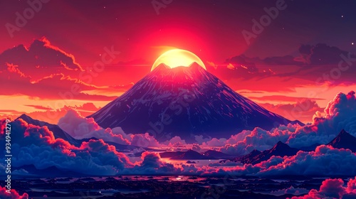 Majestic Mountain Peak Bathed in a Crimson Sunset with Fluffy Clouds