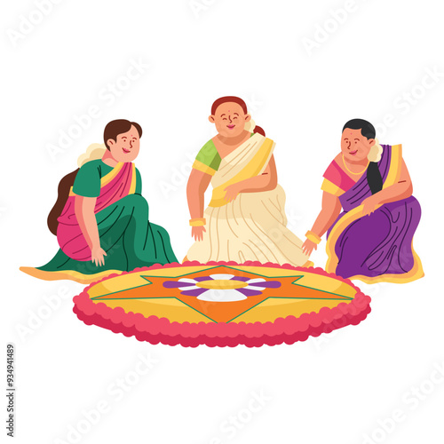 women doing rangoli for onam festival