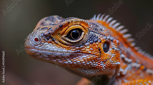 Amazon Whiptail Lizard head, its eyes and scales detailed with a soft focus background