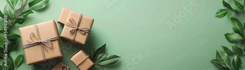 Eco-friendly gift boxes, natural materials and green leaves, organic earthy colors, flat design illustration