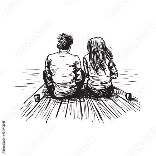  A black and white drawing of a couple sitting on a dock by a lake vector image isolated on white background