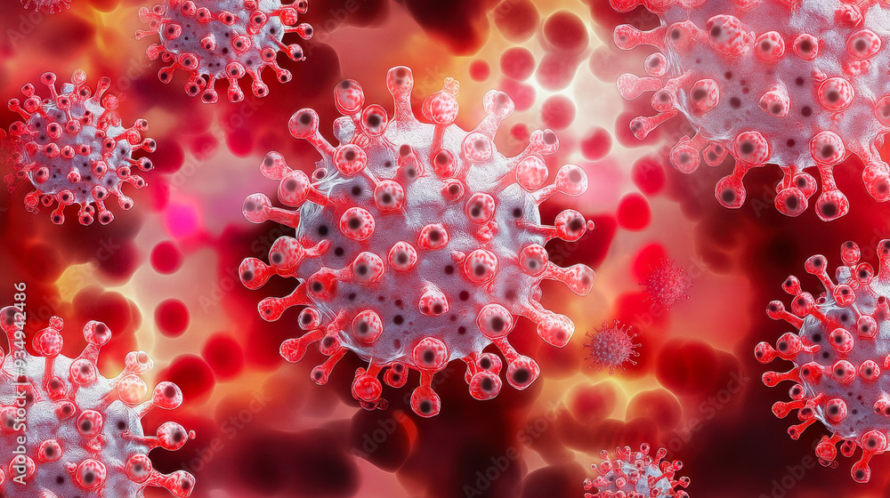 Microscopic View of SARS-CoV-2 Virus Particles with Red Background Highlighting Structure and Elements, Concept of Covid-19 Pandemic and Viral Infections Microscopic View of SARS-CoV-2 Virus Particles with Red Background Highlighting Structure and Elements, Concept of Covid-19 Pandemic and Viral Infections