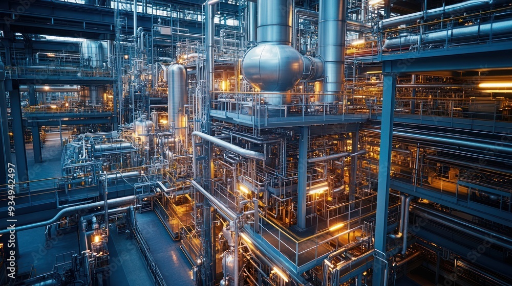 Fototapeta premium A showcase of complex engineering in a chemical plant Featuring advanced machinery and industrial systems