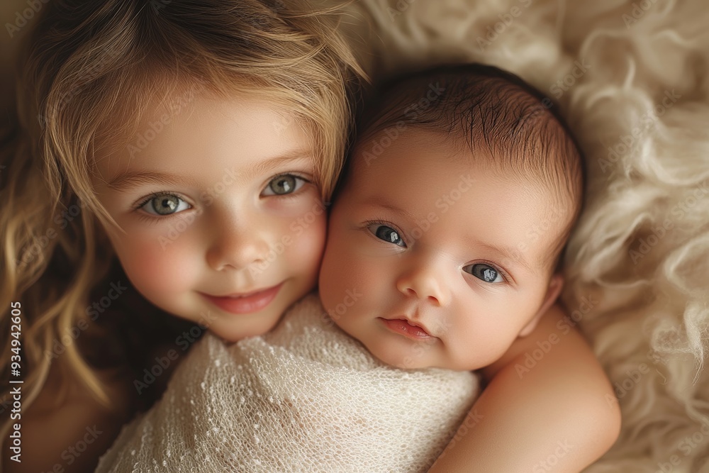 baby girl with her new born baby brother, siblings love, Generative AI baby girl with her new born baby brother, siblings love, Generative AI