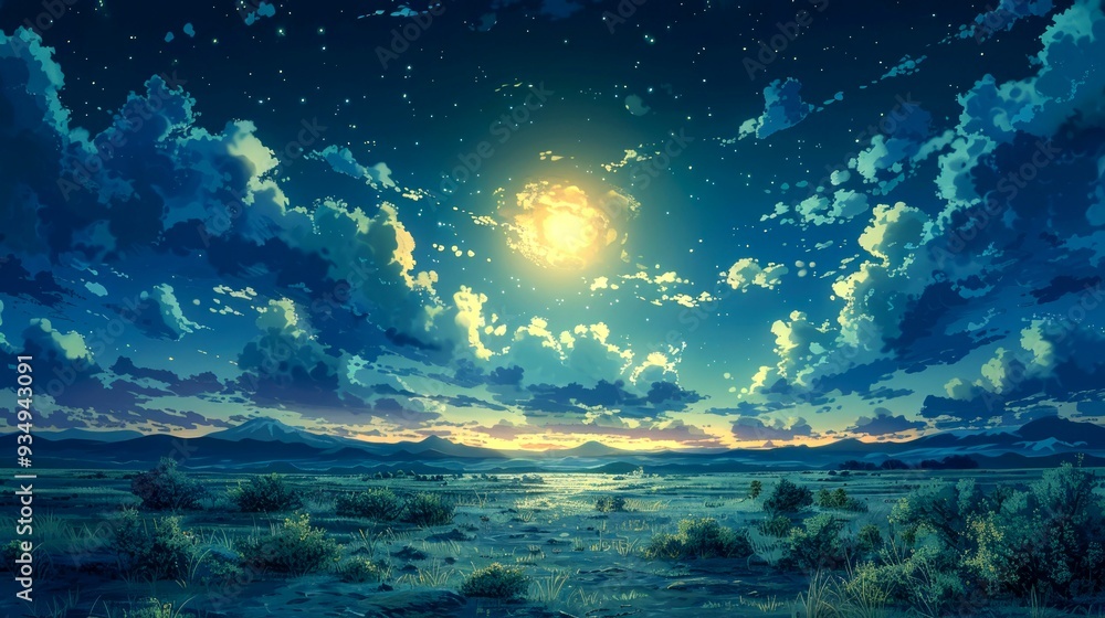 Nighttime Landscape with Full Moon and Stars over Grassland Nighttime Landscape with Full Moon and Stars over Grassland
