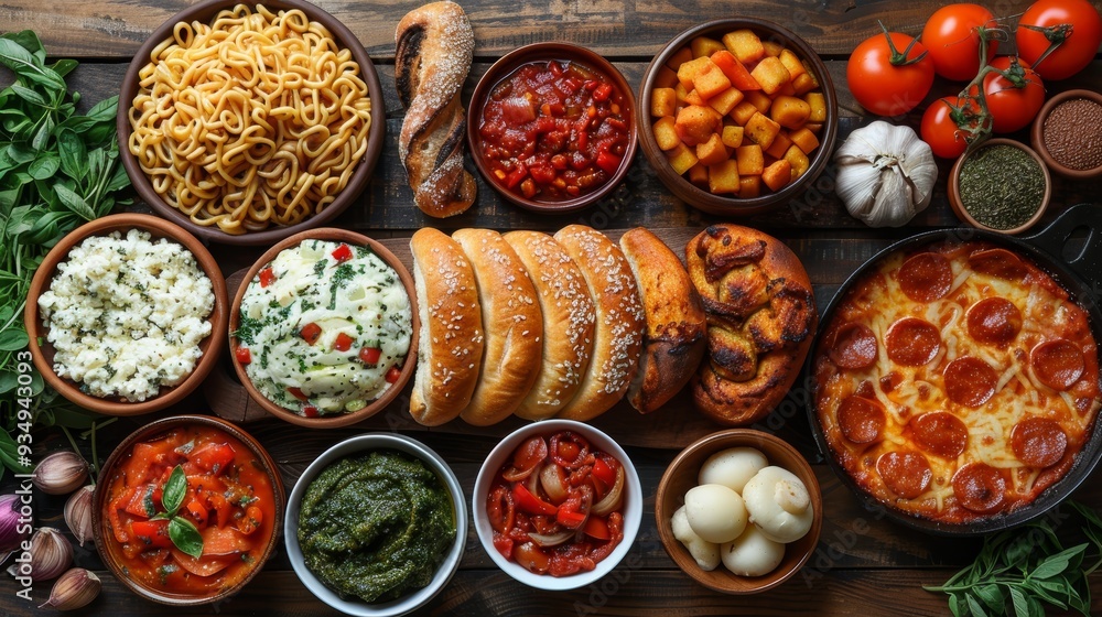 A vibrant spread of various dishes including pasta, bread, and vegetables on a wooden table A vibrant spread of various dishes including pasta, bread, and vegetables on a wooden table