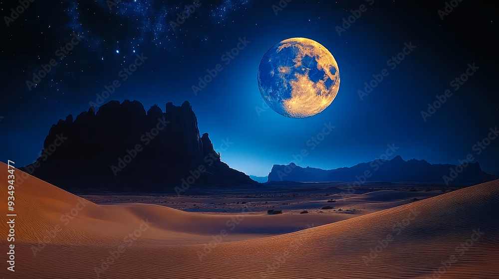Enchanted Night: Full Moon Over Serene Desert Dunes and Silhouetted Mountains Enchanted Night: Full Moon Over Serene Desert Dunes and Silhouetted Mountains