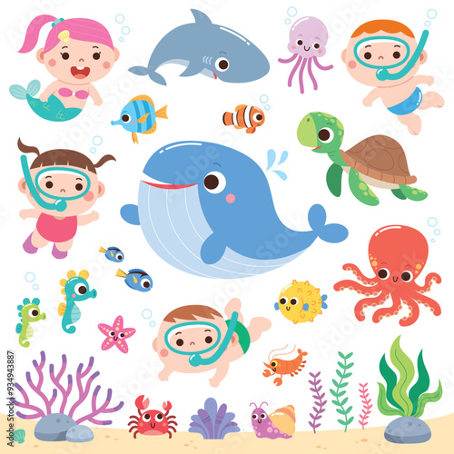 Cute Underwater World with Marine Animals and Kids
