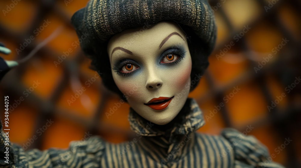Elegant Puppet with Intricate Face Painted in Mystical Setting, Close-Up Detail, Marionette Artistry, Gothic Theme with Dark Romantic Makeup, Striking Artistic Puppet in Vintage Costume Elegant Puppet with Intricate Face Painted in Mystical Setting, Close-Up Detail, Marionette Artistry, Gothic Theme with Dark Romantic Makeup, Striking Artistic Puppet in Vintage Costume