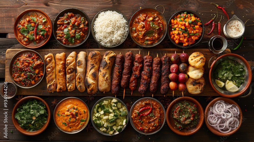 A colorful array of Indian dishes displayed on a wooden table with various kebabs, curries, rice, and vegetables A colorful array of Indian dishes displayed on a wooden table with various kebabs, curries, rice, and vegetables