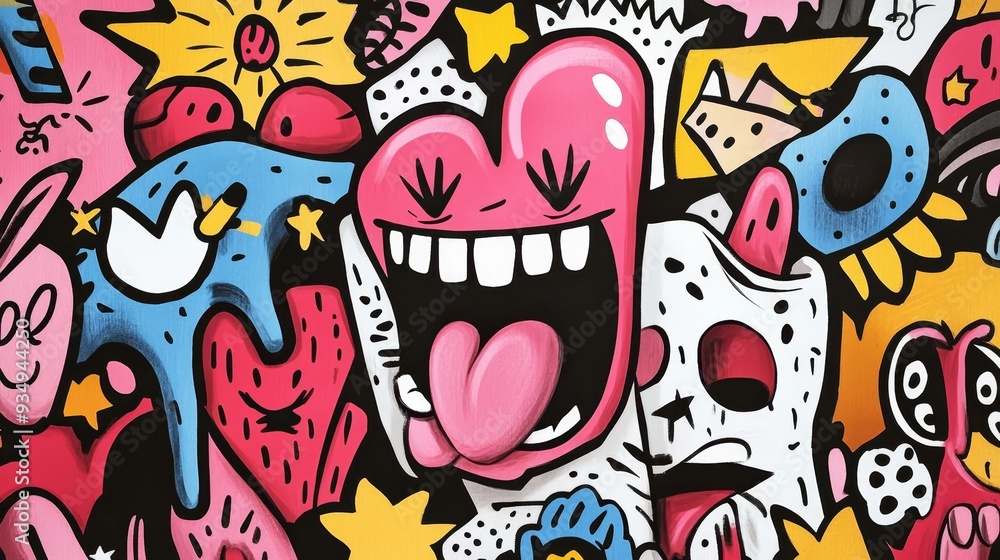 Abstract Colorful Doodle Art with a Big Pink Smiling Mouth Abstract Colorful Doodle Art with a Big Pink Smiling Mouth