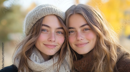 Sisters posing together portrait of two adult siblings smiling at camera, Generative AI