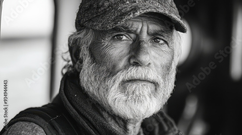 Portrait of a Seasoned Dry Dock Worker in Black and White, Capturing Experience, Wisdom, and Stoicism in Maritime Setting