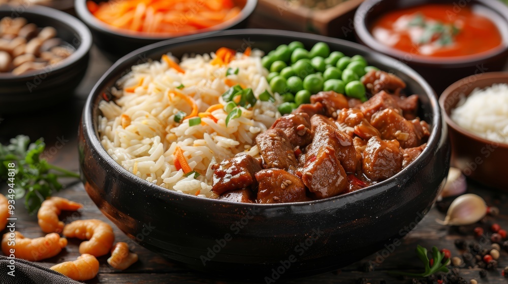 A bowl of flavorful rice with green peas and tender meat served alongside various side dishes A bowl of flavorful rice with green peas and tender meat served alongside various side dishes