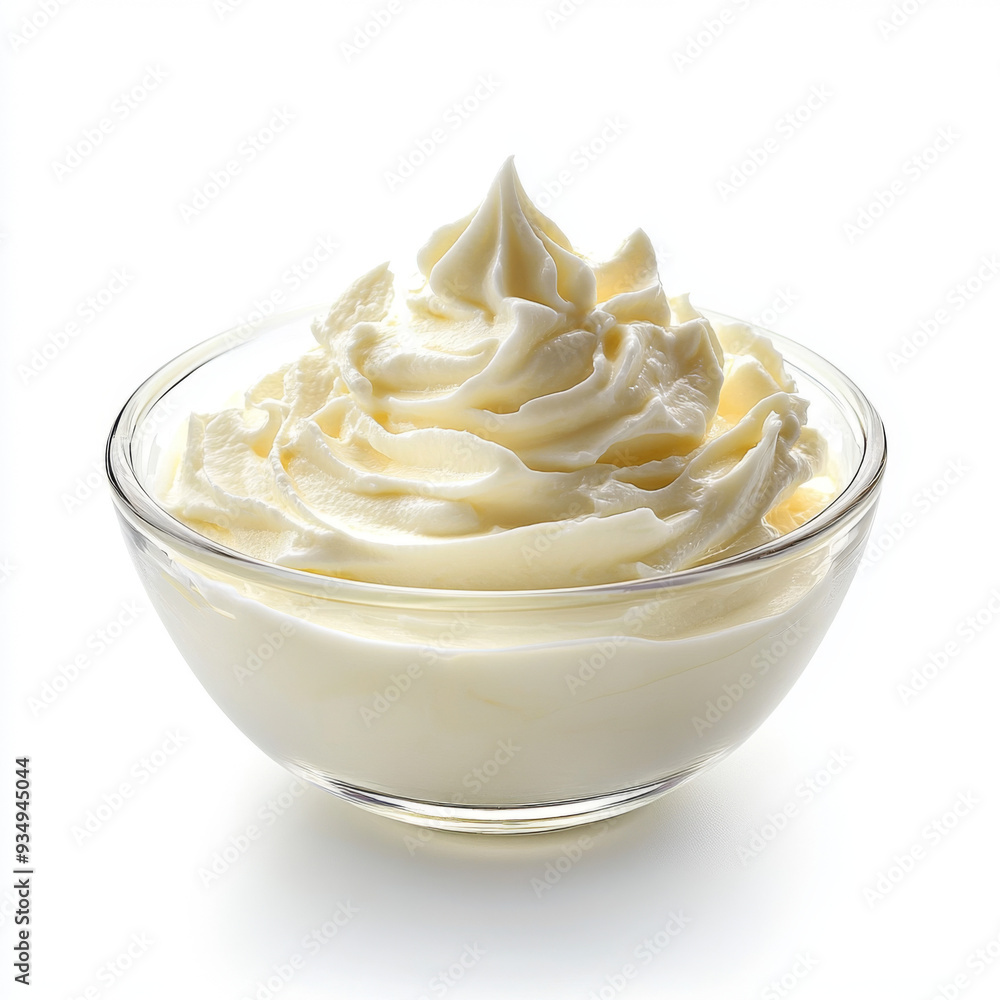 A bowl of whipped cream sits on a white background. The whipped cream is fluffy and white, and it looks like it's ready to be used for a dessert A bowl of whipped cream sits on a white background. The whipped cream is fluffy and white, and it looks like it's ready to be used for a dessert