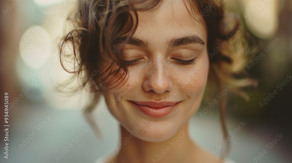 A young woman stands in an urban alley, smiling softly with her eyes closed, savoring a tranquil moment surrounded by muted colors and natural light A young woman stands in an urban alley, smiling softly with her eyes closed, savoring a tranquil moment surrounded by muted colors and natural light