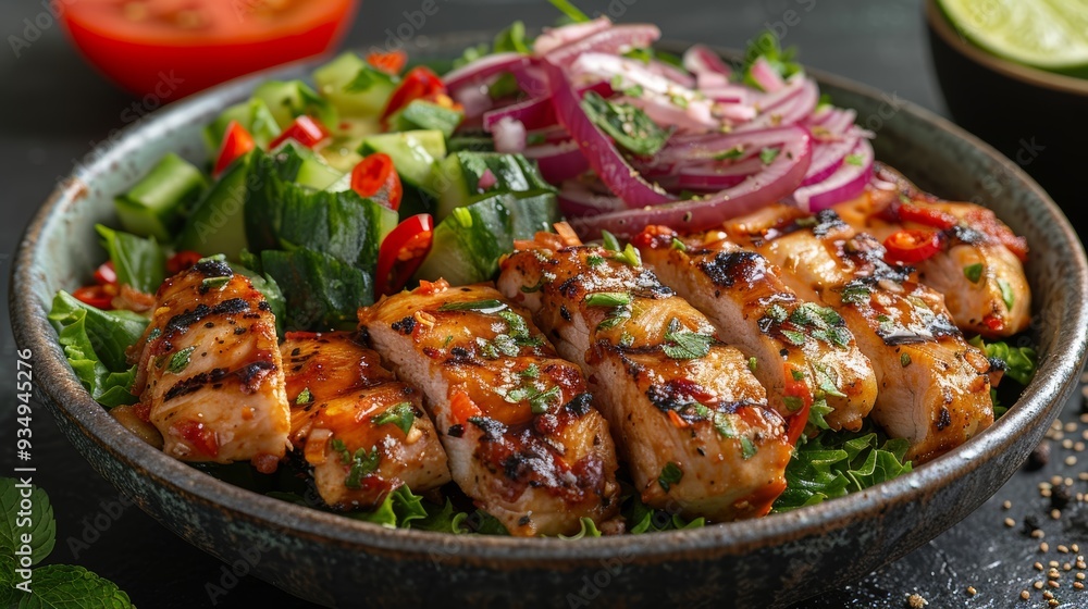 Grilled chicken served on a bed of fresh greens with vegetables and herbs in a lively kitchen setting Grilled chicken served on a bed of fresh greens with vegetables and herbs in a lively kitchen setting