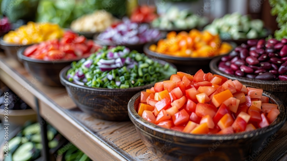 Freshly prepared vegetables in colorful bowls at a market during the day Freshly prepared vegetables in colorful bowls at a market during the day