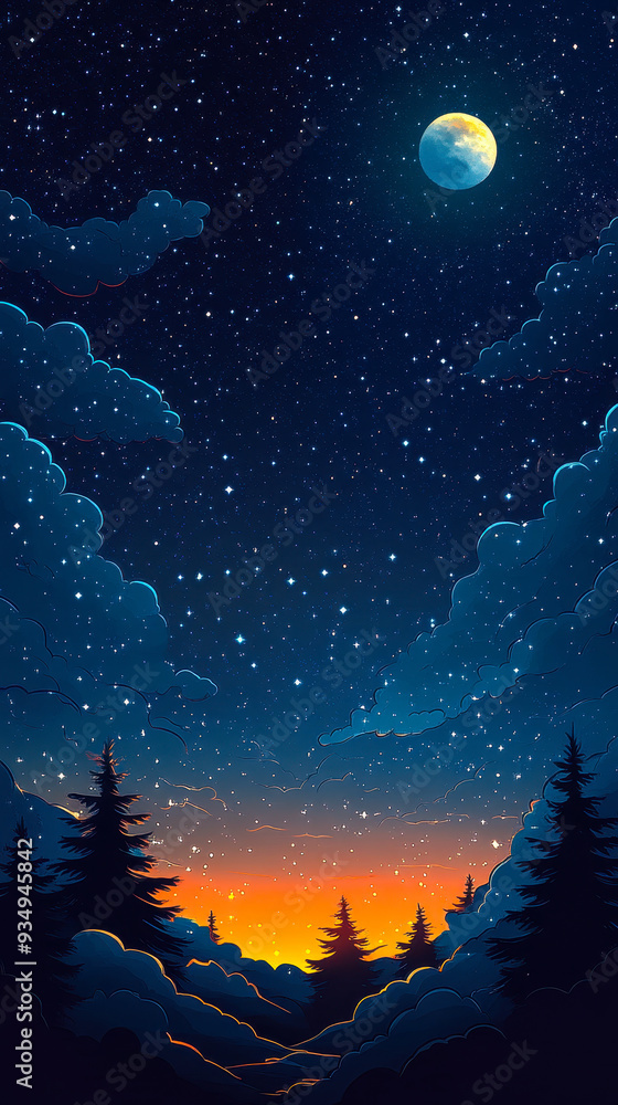 Stunning Night Sky with Moon and Glowing Horizon Over Forest in 2D Flat Art Style Perfect for Nature Illustrations and Backgrounds Stunning Night Sky with Moon and Glowing Horizon Over Forest in 2D Flat Art Style Perfect for Nature Illustrations and Backgrounds