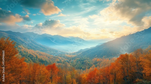 Autumnal Mountain Landscape with Golden Trees and Hazy Sky