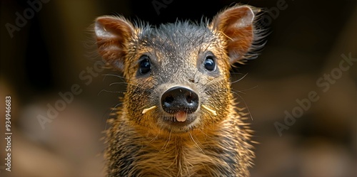 Amazon White-lipped Peccary face, showcasing its sharp tusks and fur with a blurred background photo