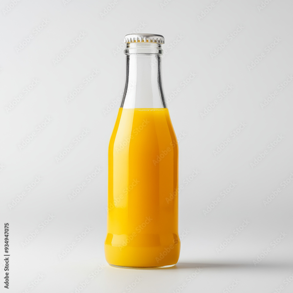 A glass bottle of orange juice is sitting on a white background. The bottle is clear and has a cap on top. The juice inside is bright and inviting, and the bottle itself is simple and elegant A glass bottle of orange juice is sitting on a white background. The bottle is clear and has a cap on top. The juice inside is bright and inviting, and the bottle itself is simple and elegant