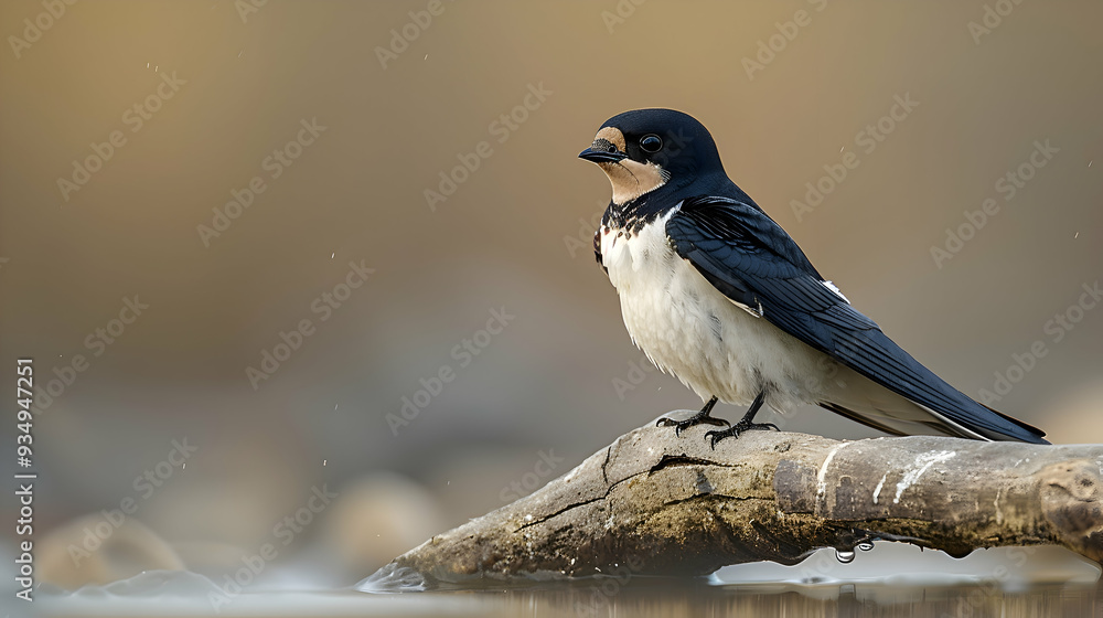 Obraz premium Amazon White-winged Swallow perched on a branch near water, its distinctive plumage visible
